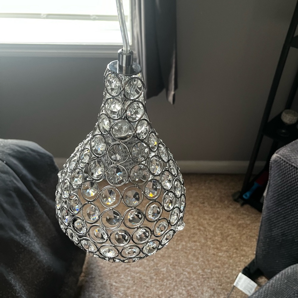 Teardrop pendant hanging light with light chrome finish and jeweled bowl. NWOT